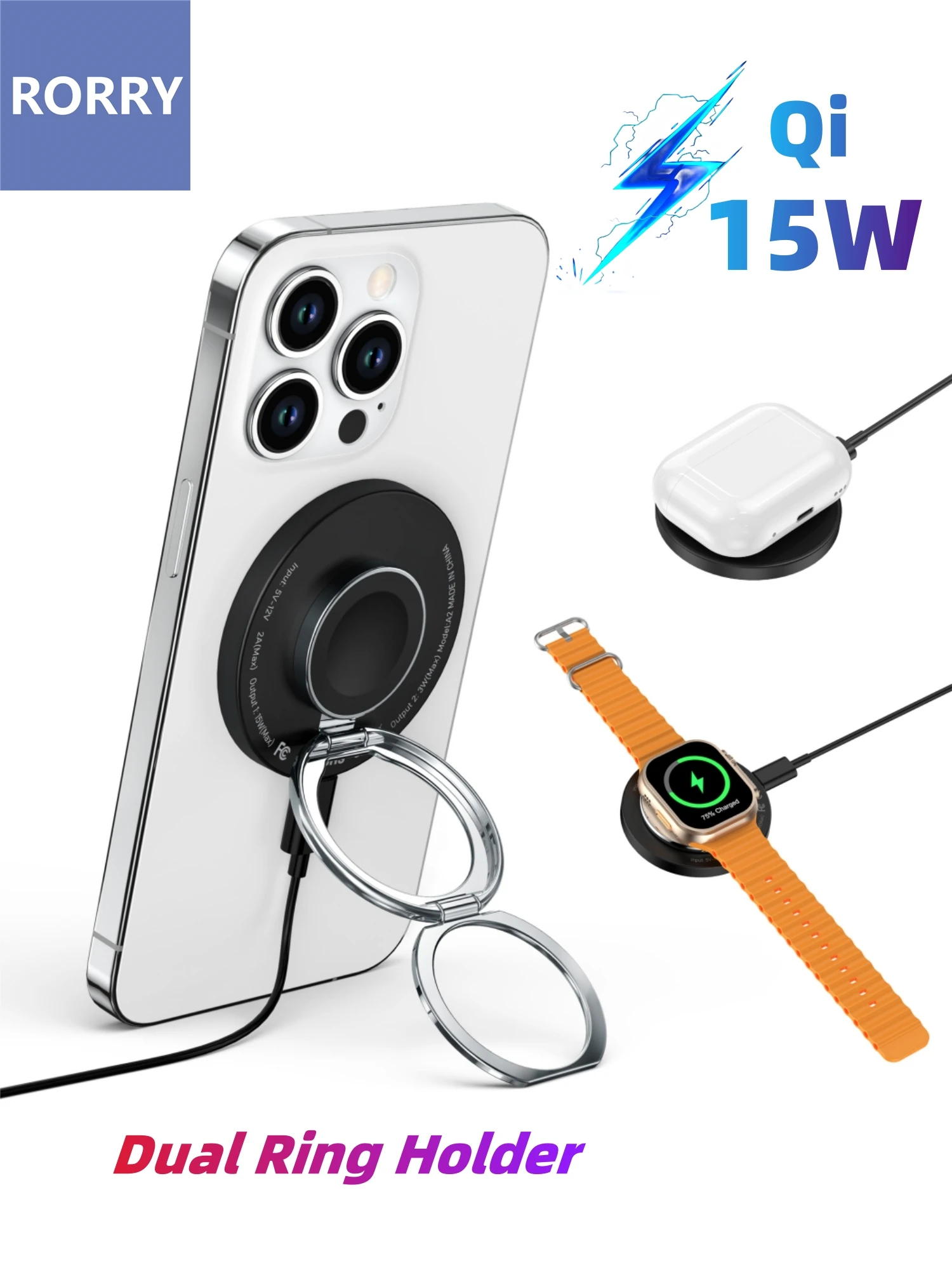 

RORRY 3 IN 1 Qi Μαg-Sαfe Magnetic Charger Fast Charging for iPhone With Dual Ring Holder Wireless Charger for Apple Watch Airpod