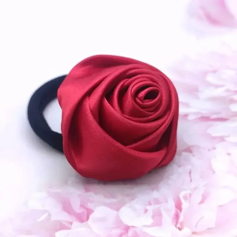 French Style Retro Rose Satin Hair Scrunchie - Artistic Glossy Floral Hair Accessory