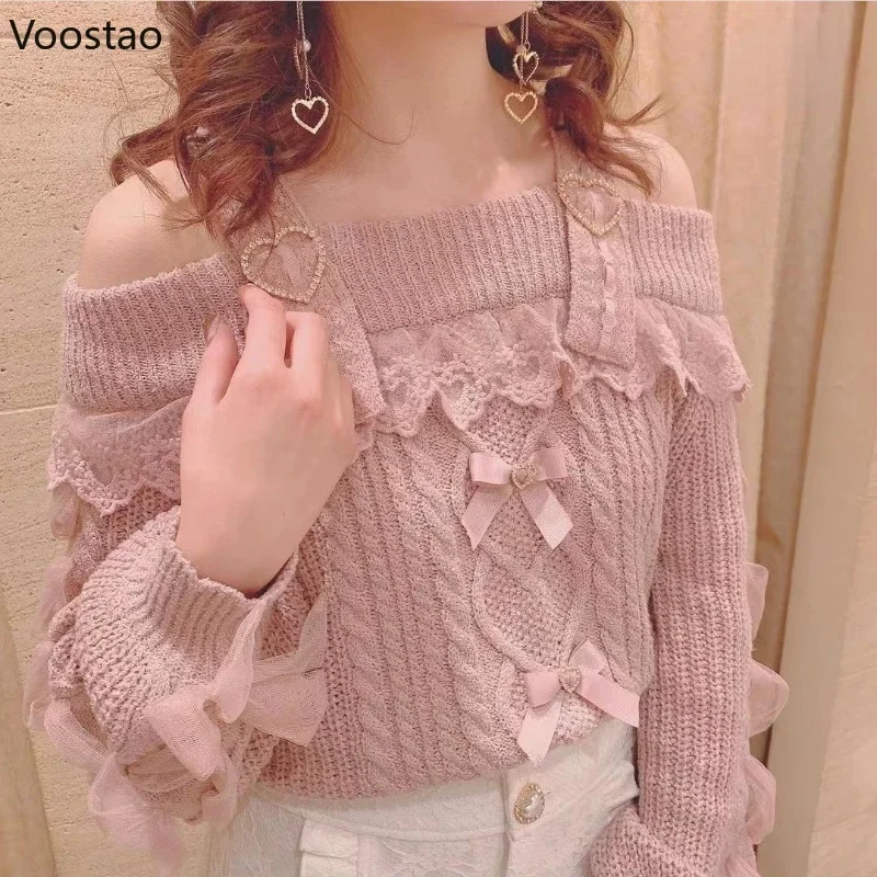 Vintage Sweet Lolita Style Knitted Pullover Autumn Girls Cute Off Shoulder Lace Ruffles Bow Sweater Women Harajuku Knitwear Tops 2