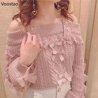 Vintage Sweet Lolita Style Knitted Pullover Autumn Girls Cute Off Shoulder Lace Ruffles Bow Sweater Women Harajuku Knitwear Tops 2