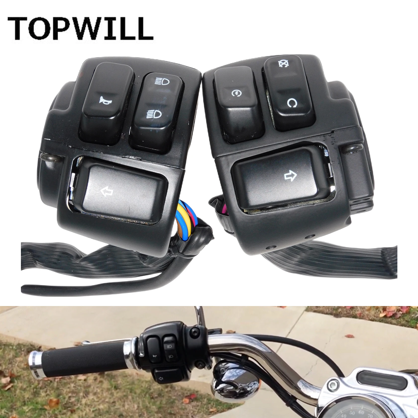 Chrome Handlebar Control Switch Set With Wiring Harness For Harley Sportster & Dyna - Left & Right 1 Inch