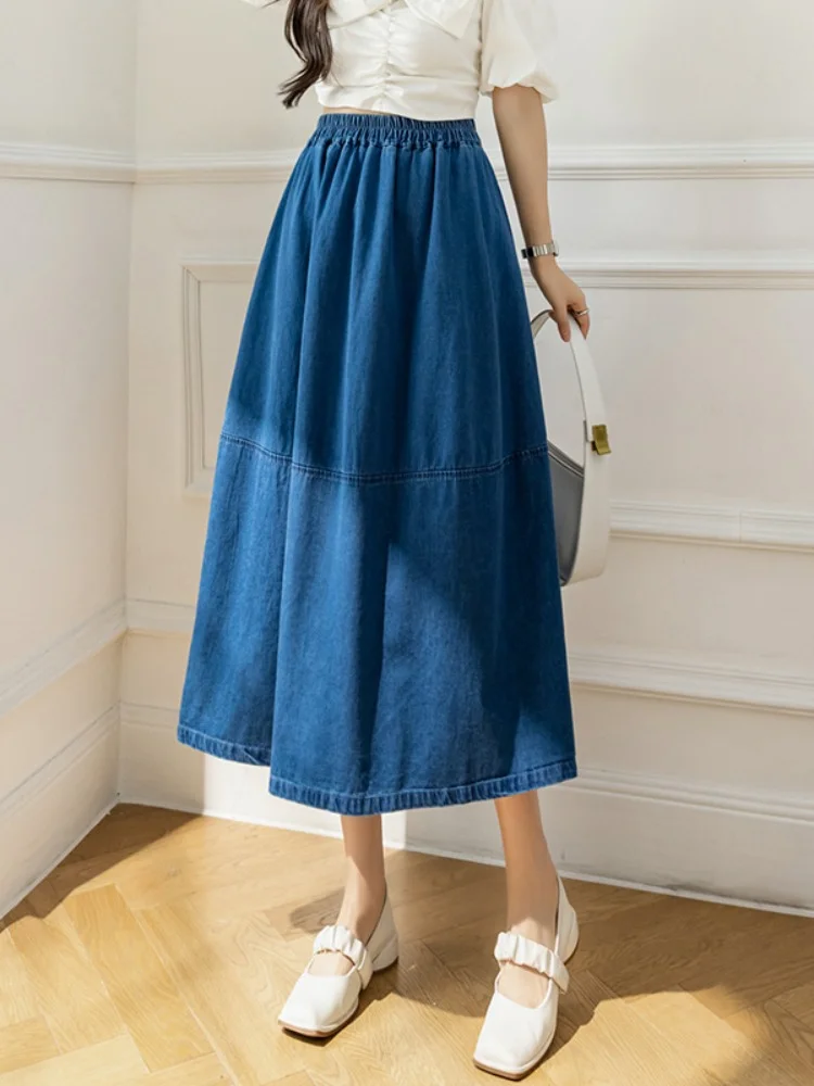 

FTLZZ Summer Casual Lady Loose Midi Denim Skirt Vintage Women High Street A-line Denim Skirt Fashion Empire Slim Skirt