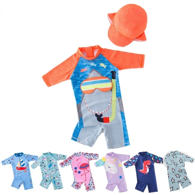 

2023 baby boy swimwear with cap suit surfing Wear Shark swimming suit infant toddler kids children Sunscreen beach bathing Suit
