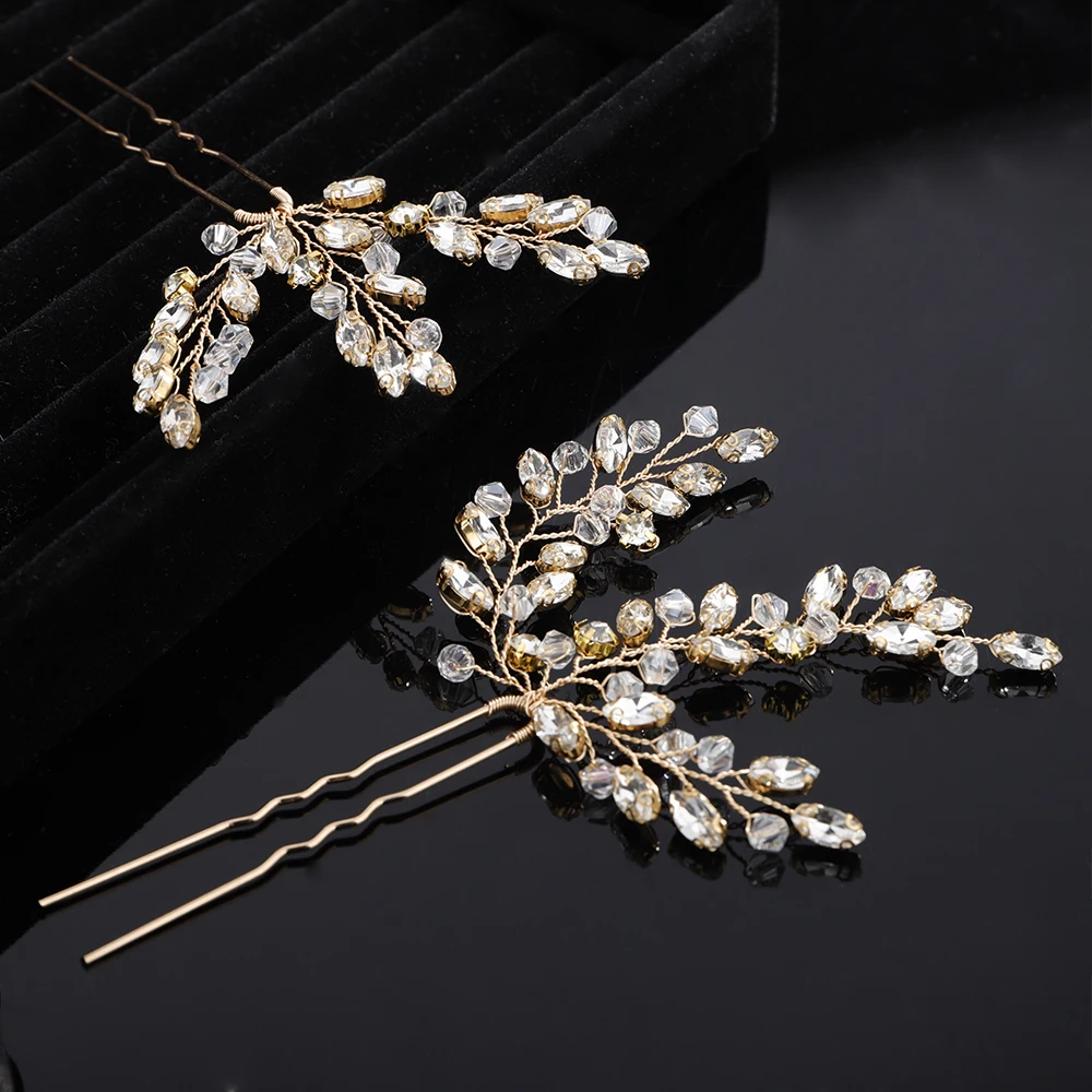 Silver Rhinestone Bridal Hair Pins Handmade Gold Crystal Wedding Head Accessories Jewelry Brides Party Headpiece Tiara for Women