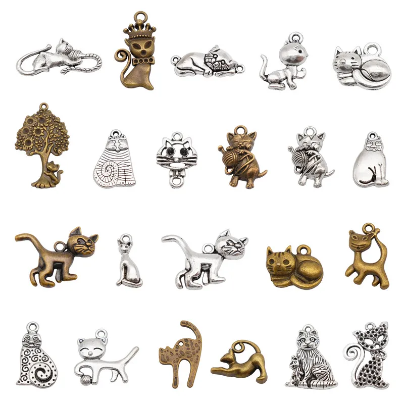 

Julie Wang 20PCS Mixed Cat Charms Alloy Antique Bronze Silver Color Cat Animal Pendant Bracelet Jewelry Making Accessory