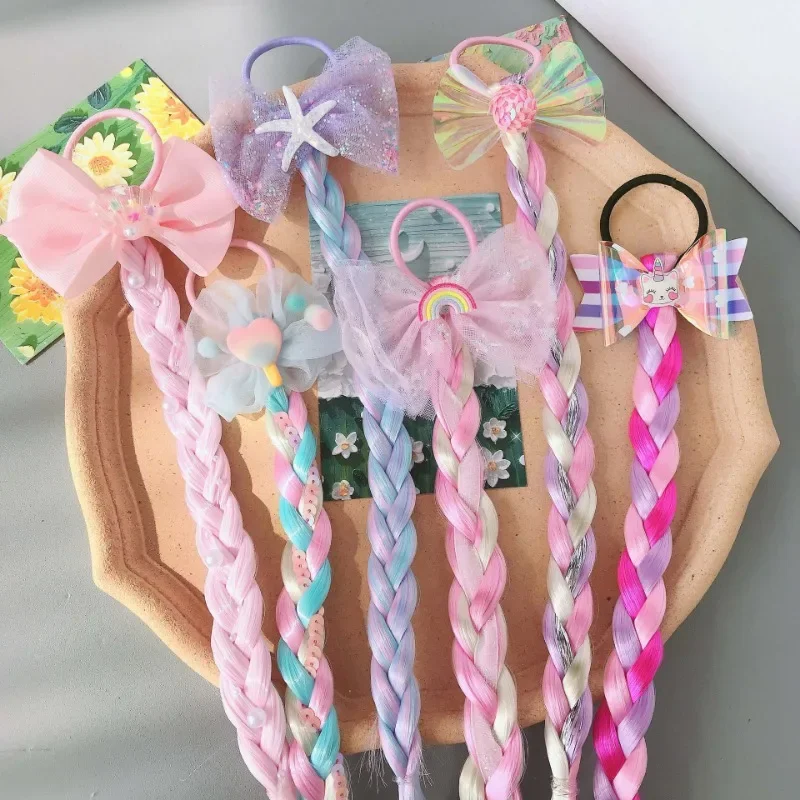 Kids Girl Unicorn Cute Wigs Ponytail Candy Color Cartoon  Butterfly Bow Ponytail Hair Styling Rubber Bands Headwear Braid 2