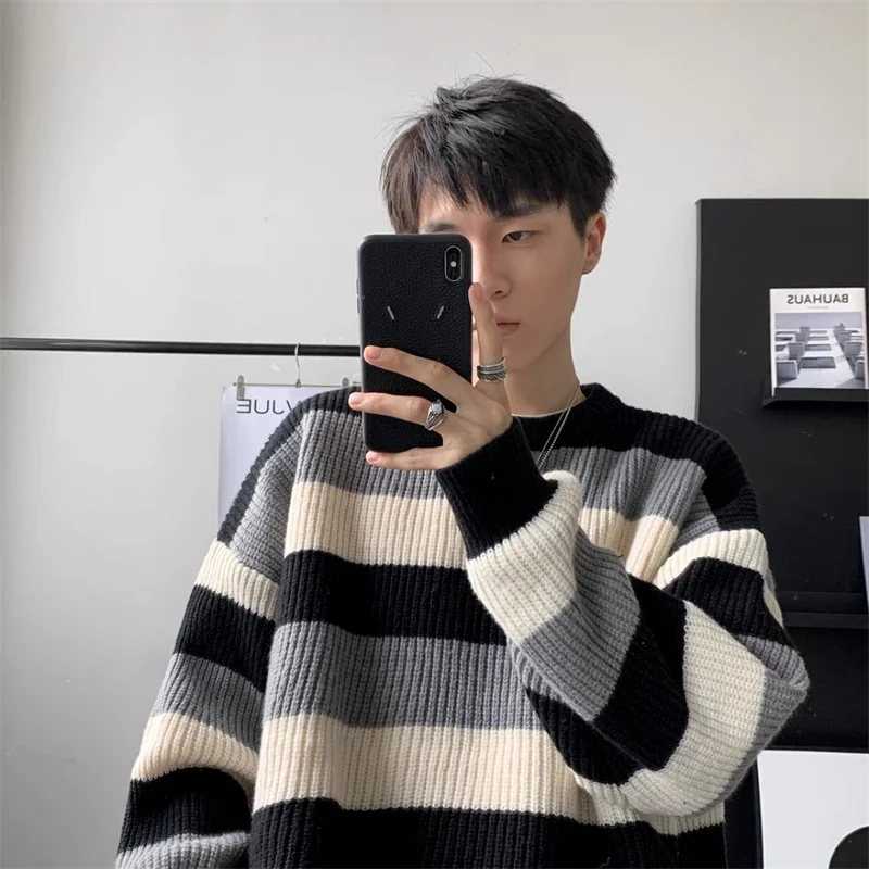 Autumn Winter Men's Loose Casual Round Neck Thickened Sweater Fashion Contrasting Color Stripe Handsome Versatile Knitwear