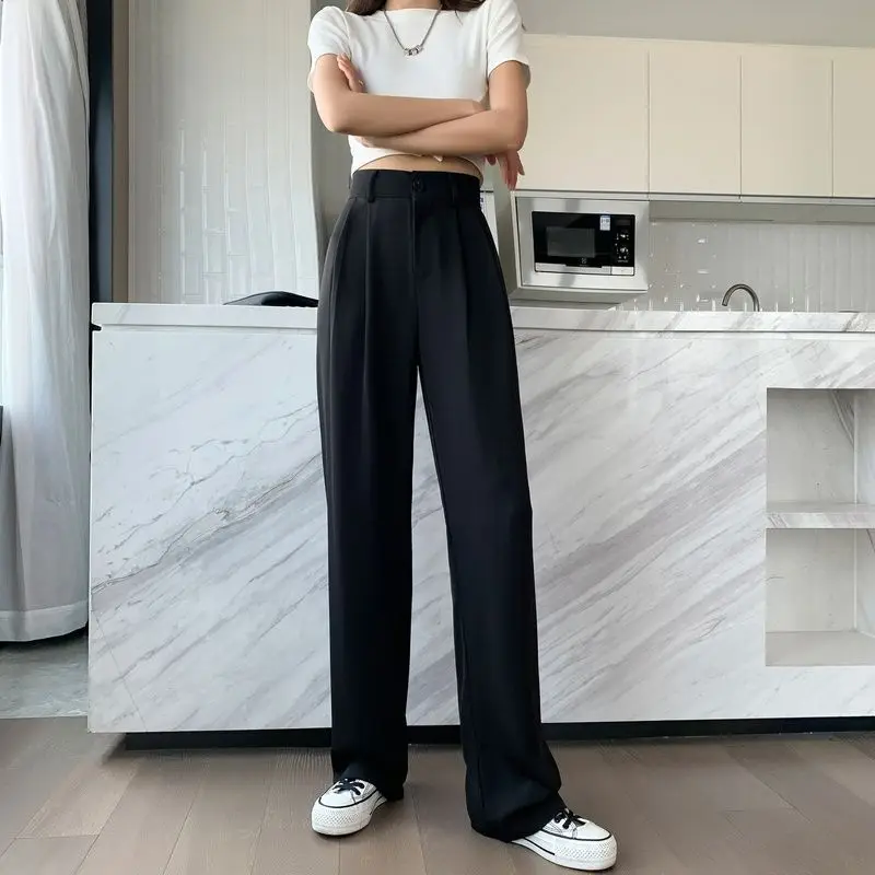 

Women Spring Autumn 2023 New Korean High Waist Solid Loose Wide Leg Pants Female Fashion Casual Straight Long Trousers Tops X28