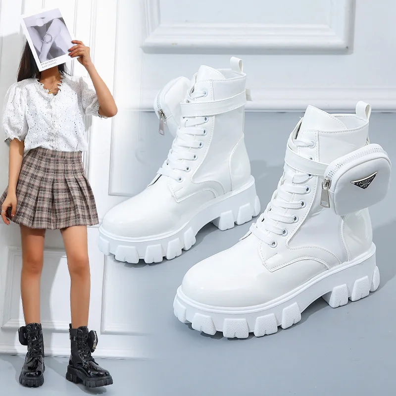 

2023 Women Boots Winter Autumn Patent Leather Women Boots Platform Fashion Belt Buckle Lace-Up Round Toe Ankle Boots For Women