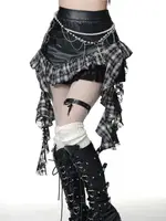 Retro Harajuku Gothic Style Leather Splicing Short Skirt for Women Y2K Lace Hem Mini Pleated Skirt Autumn Street Cool Girl 1