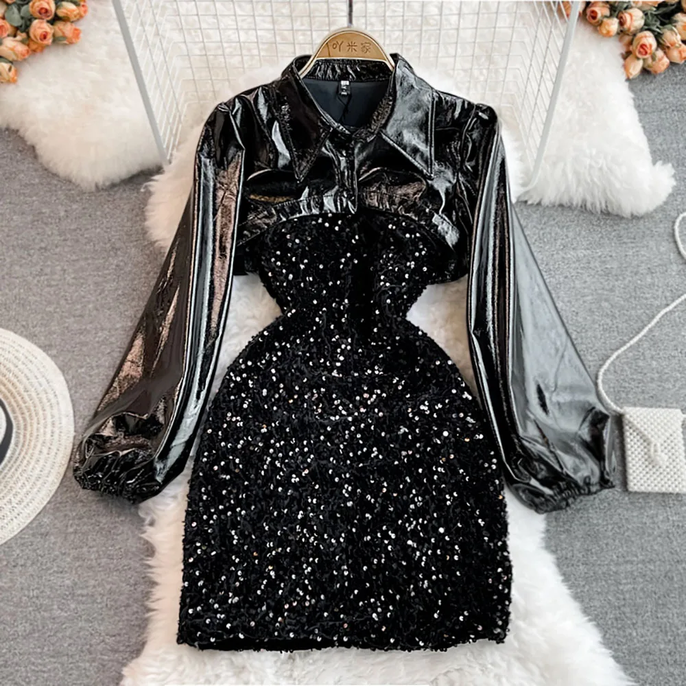 

2022 New Fashion Sets Women's Pu Leather Cropped Tops + Sexy Spaghetti Strap Sequin Package Hip Dress Two-Piece Sets