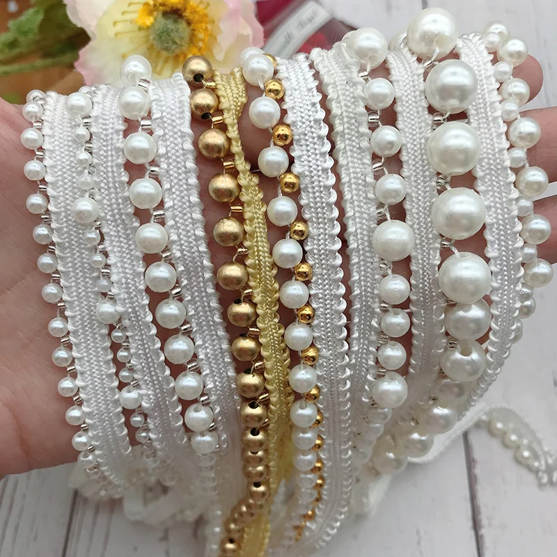 Pearl Lace Edge Trim Ribbon Braided Lace Trimmings Beads Edging Fabric Embroidered Applique Sewing DIY Craft Clothes Decor 1Yard