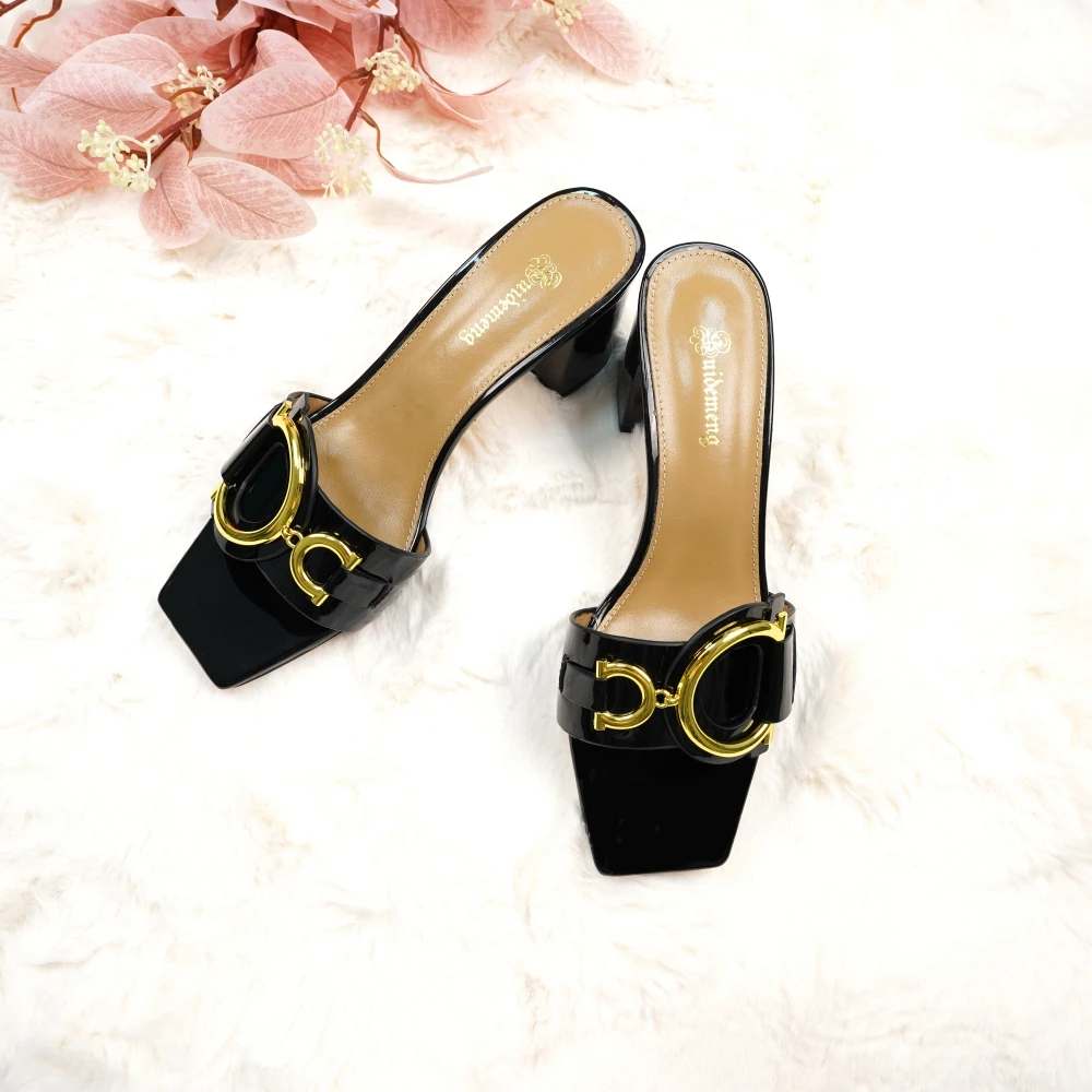 Fashion ladies high heels luxury leather slippers square toe women's shoes suitable for party and banquet slippers size 44