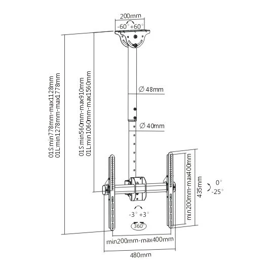 ТВ Кронштейн Arm media LCD-1700 black (максимальная нагрузка 55 кг, потолочный, 3 ст свободы, наклон 0-25°, поворот ±180°, от потолка 1060-1560 мм, max VESA 200x200 мм)
