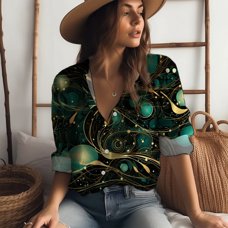 

2023 Spring and Autumn Simple Long -sleeved Shirt Loose Soft Shirt Fashion 3D Printed Shirt Temperament Elegant Shirt