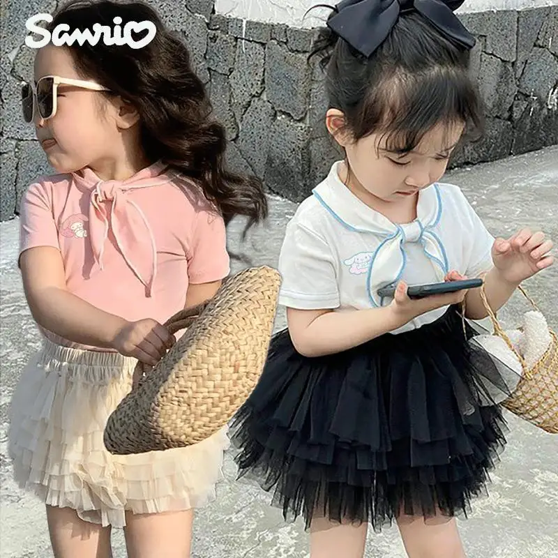 

Аниме Kawaii Sanrios Cinnamoroll My Melody летний хлопковый топ с короткими рукавами для девочек футболка Детский многослойный марлевый комплект с юбкой