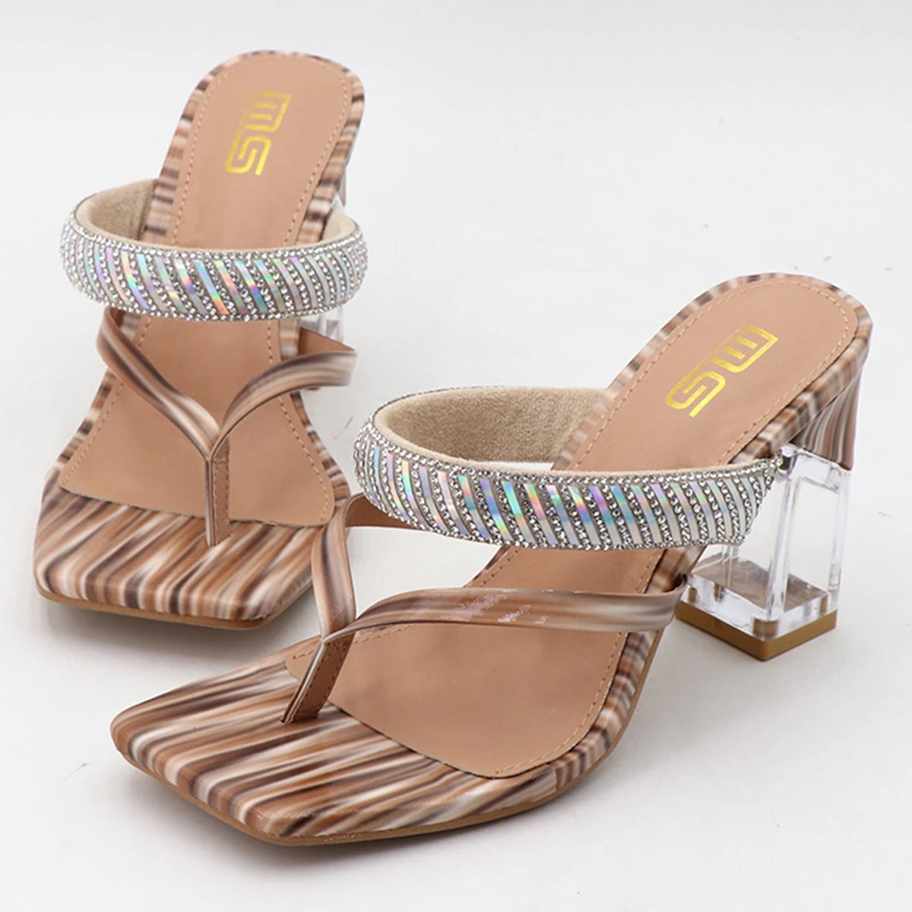 

Women Fashion Summer Shoes Crystal Sandals Rhinestone Square Heels Open Toe Female Slippers Slip on Ladies Beach Flip Flop cx870