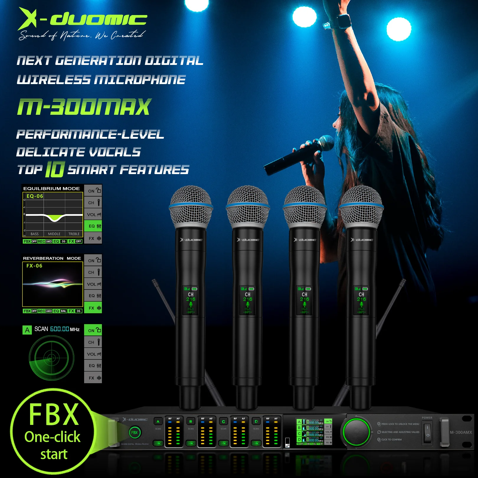 X-DUOMIC M300MAX 트루 다이버시티 무선 마이크, 밸런스드 리버브, 하울링 방지, 전문 무대 공연, 1 대 4