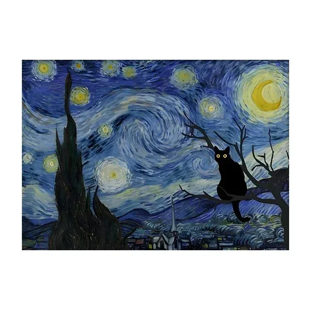 Whimsical Starry Night Cat Canvas Art - Colorful Abstract Floral Decor