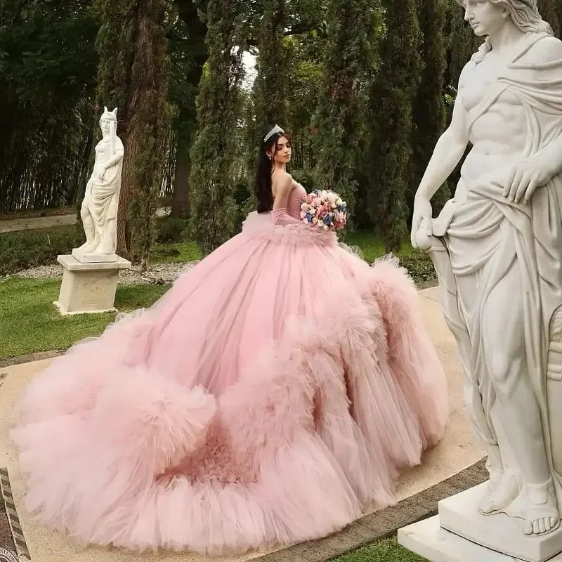 Pink Charro Quinceanera Dresses Ball Gown Sweetheart Tulle Ruffled Puffy Mexican Sweet 16 Dresses 15 Anos