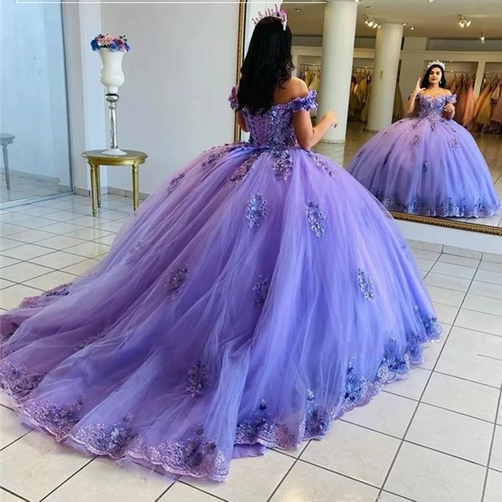 

Purple Quinceanera Dresses Off The Shoulder Ball Gown Dress 3D Floral Princess Sweet 15 Party Dress Vestidos De Quinceañera 2022