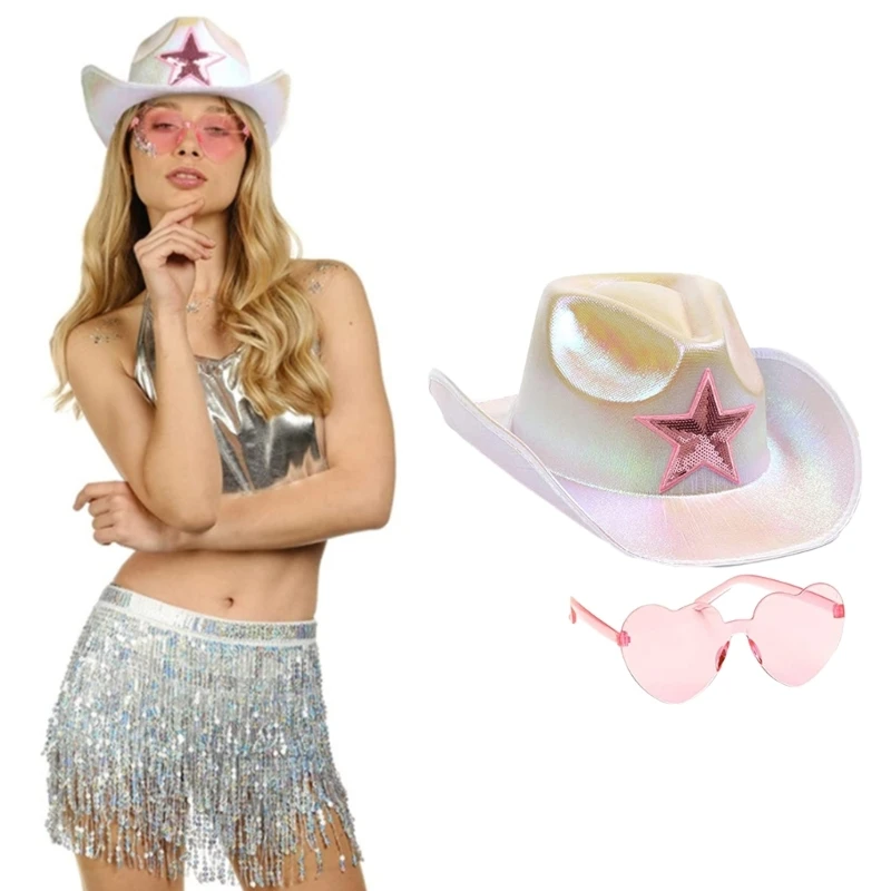 

M89E Summer Sequins Cowgirl Hat with Sunproof Heart Sunglasses Set for Wedding