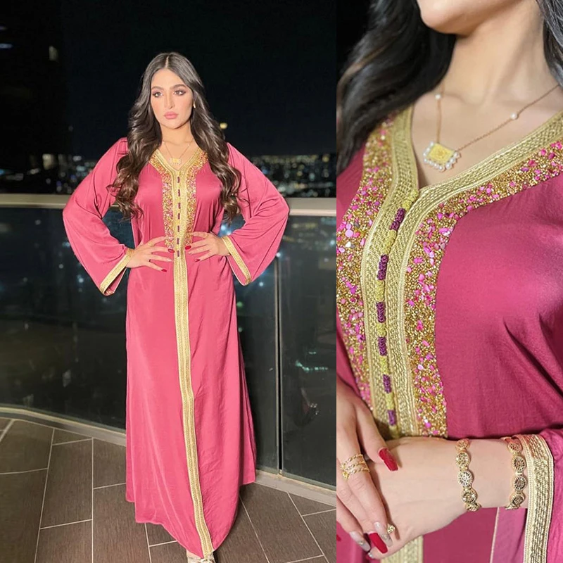 

Velour Muslim Abaya Women Hot Drill Dress V-neck Moroccan Loose Long Sleeves Robe Dubai Indian Jalabiya Dresses Fashion Caftan