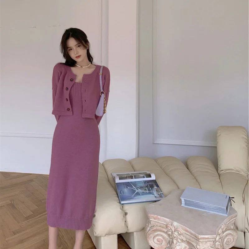 Korean Spring Autumn Fashion Edition Hanging Strap Knitted Dress+Long Sleeve Cardigan Sweater Two Piece Set For Women Outfits