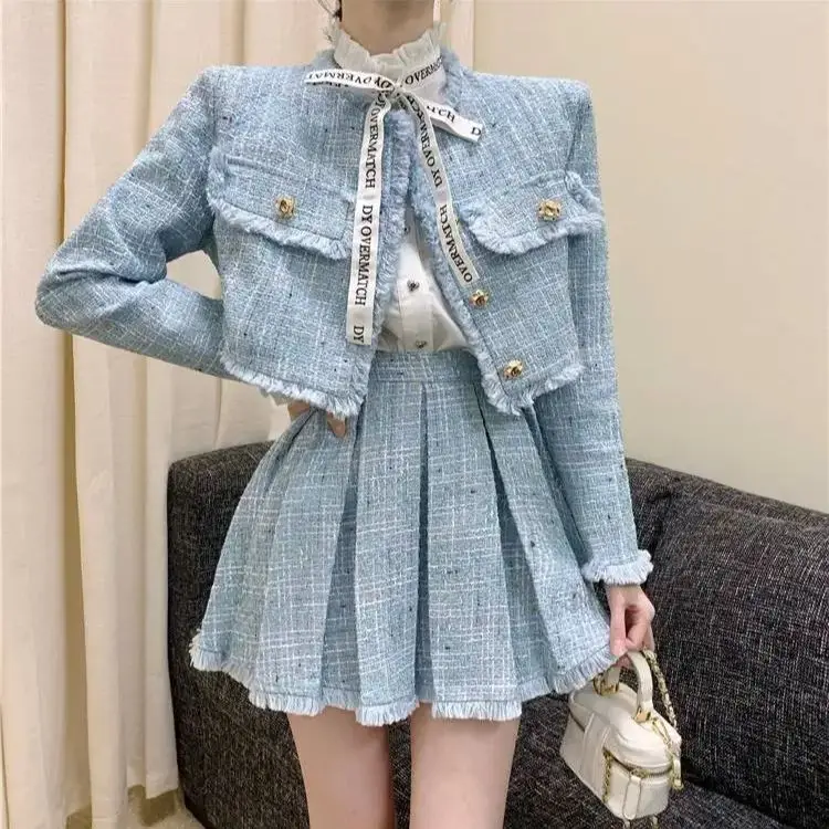 Suit High Quality Tassel Design Small Fragrance Outfit Long Sleeve Short Jacket Coat + Pleated Skirt 2 Piece Sets Women Fashion