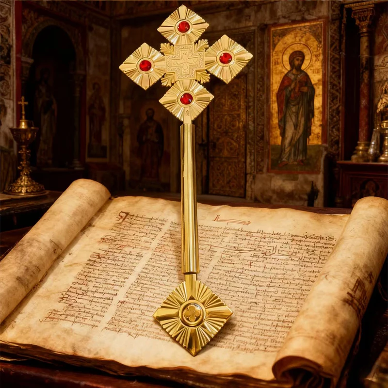 Östliche orthodoxe Metallkreuzzepter, religiöse Zeremonie, Sakramentfeier, eingelegt mit hellem Rubin, klassischer religiöser Glaube – Detail 6