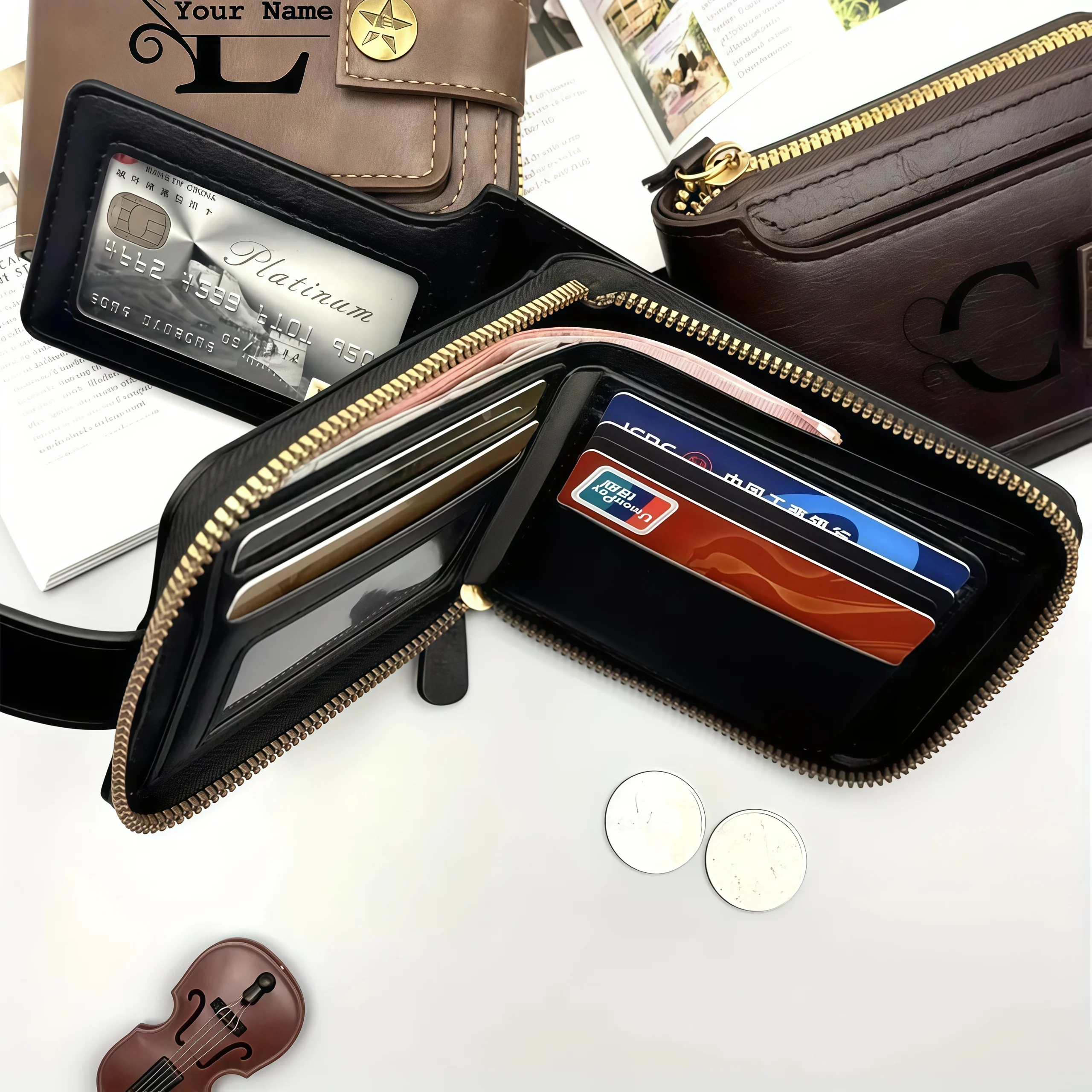 Personalized Men's Faux Leather Wallet - Stylish Brown Wallet with Engraved Design, Snap Closure, and Zippered Card Holder