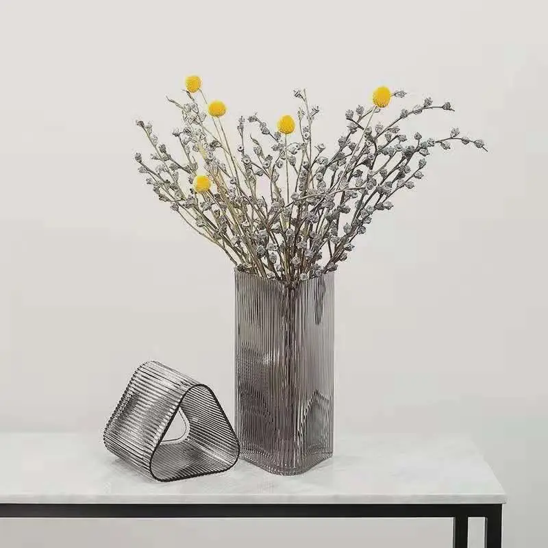 북유럽 모던 그린 블루 유리 화병 기하학적 수직 트론 크리에이티브 홈 데코레이션 액세서리 꽃꽂이 화병