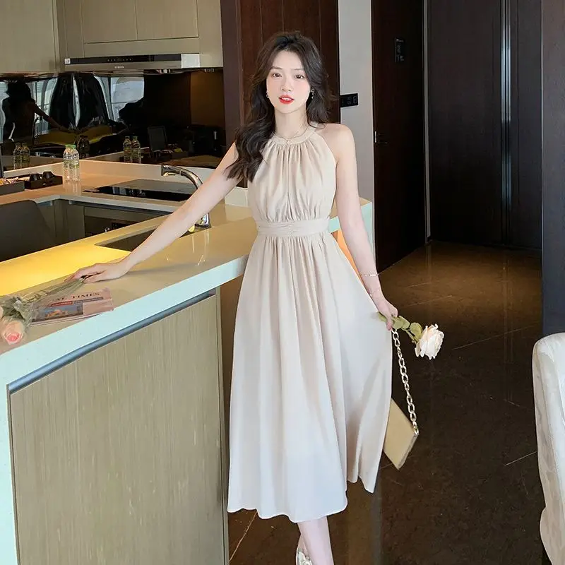 

Korean Summer New Solid Color Slim Women's Dress Sweet Ladies Elegant Chiffon Dress Black Apricot Sleeveless Dresses Female