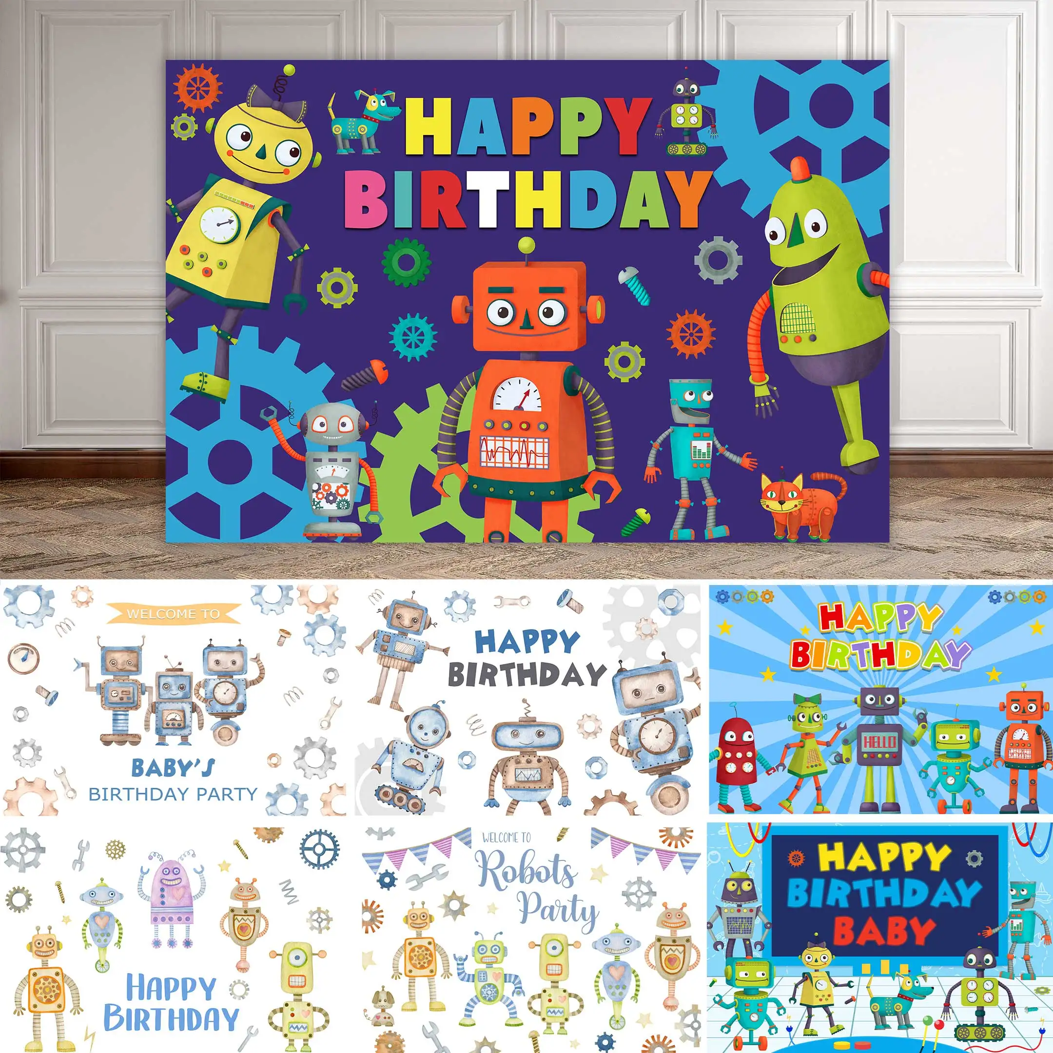 

NeoBack Robot Theme Birthday Party Backdrop Cartoon Photography Boys Kids Background Bday Party Decorations Photo