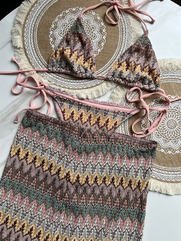 2024 Women Swimsuit Colored Maple Leaves Knitted Bikini Skirt Three-Piece Set Split Swimsuit Bikini Swimwear Women Micro Bikini