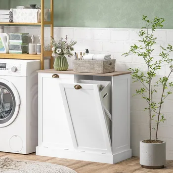 Laundry Hamper Cabinet, Tilt out Bathroom Storage Cabinet, White 1
