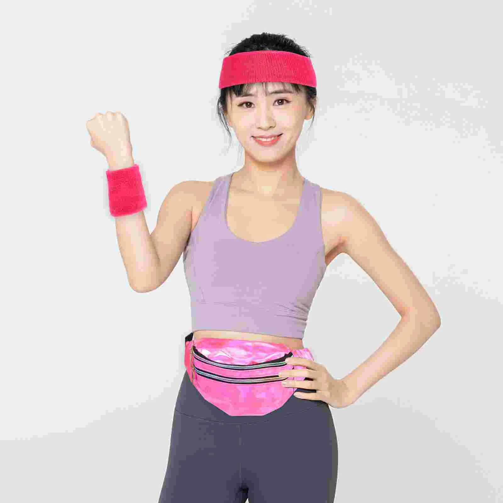 Retro 80S Women Sports Accessories Set Fashion Clutch Neon Fanny Pack Headband Leg Warmers Wristbands Special Use Headwear