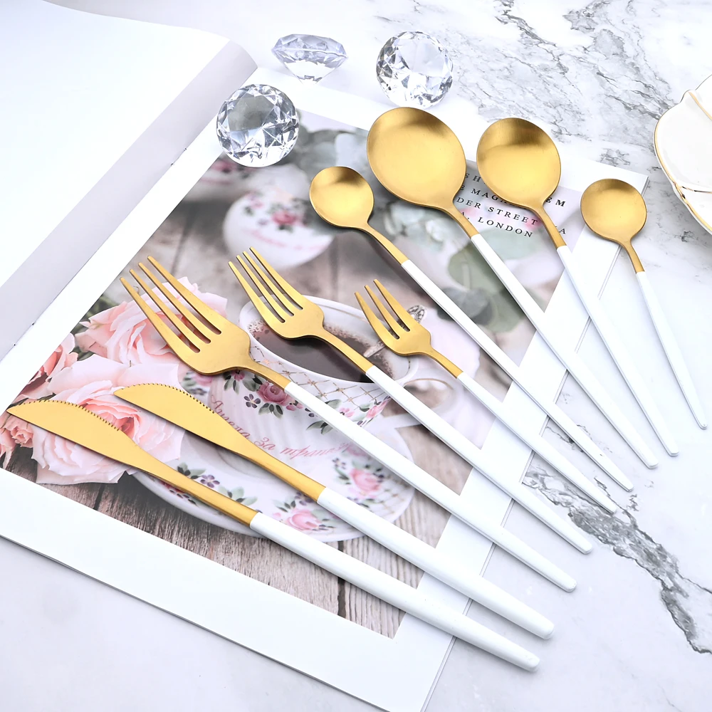 

6Pcs Cutlery Set Stainless Steel Silverware Knife Fork Tea Spoon Dinnerware White Gold Tableware Flatware Kitchen Dinner Set