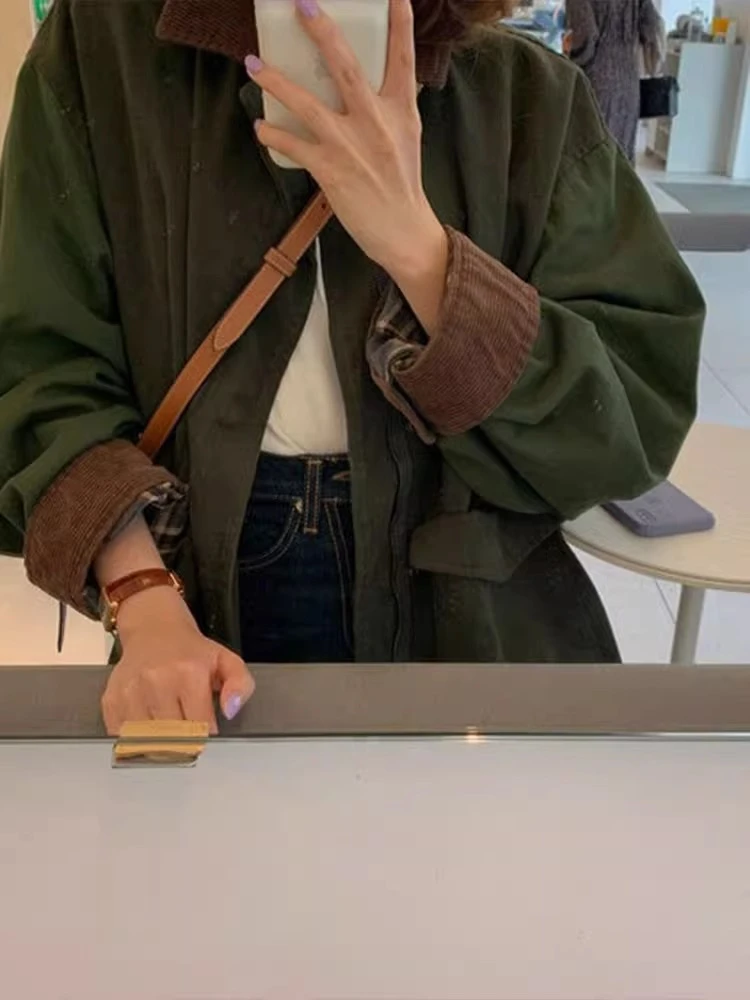 American Retro een Collar Workwear Jaet Women's Autumn Winter Loose Top Mid-Length  Coat Casual Faion Outerwear