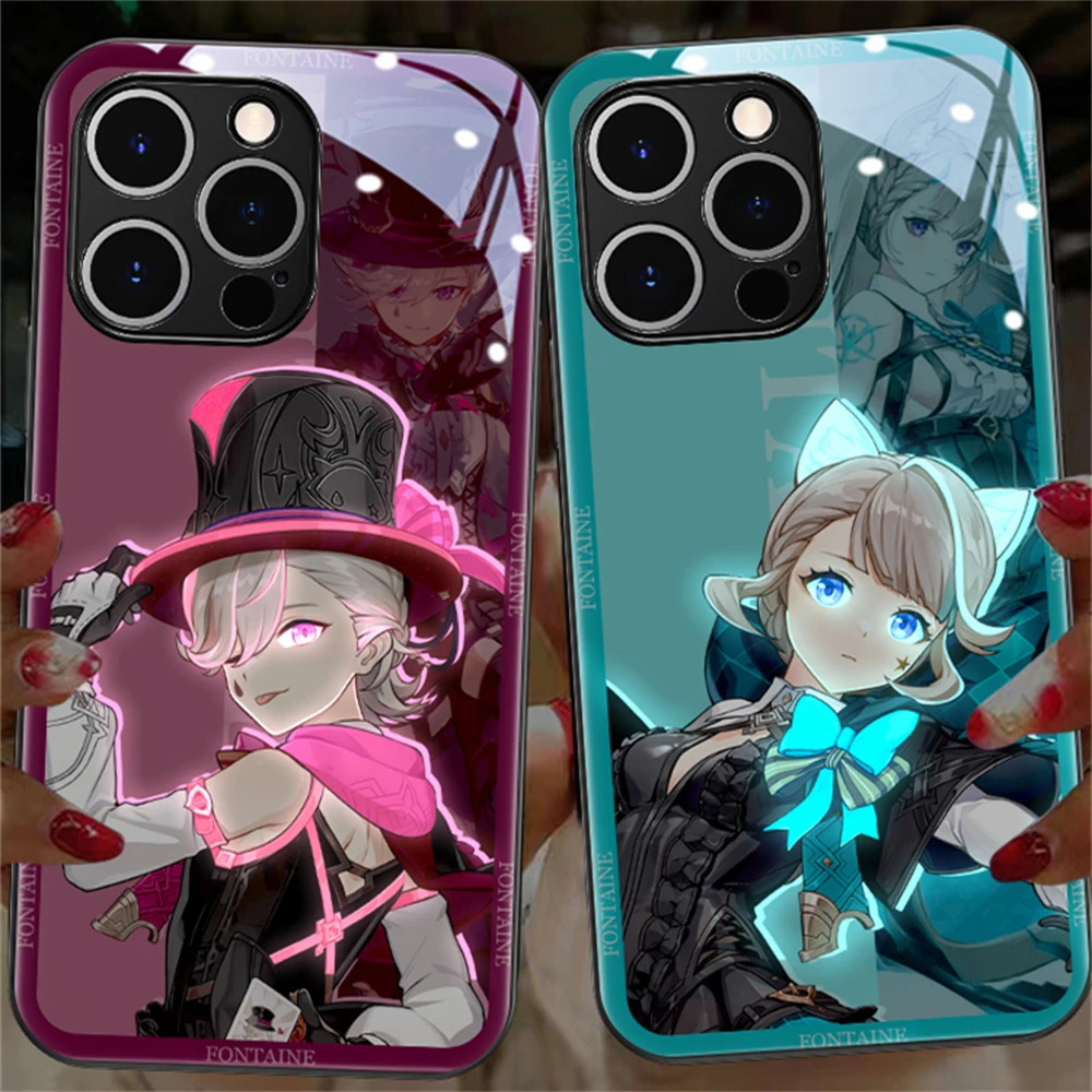 Hot Game Genshin Pattern LED Light Up Glow Luminous Phone Case Back Cover For iPhone 15 14 13 12 11 Pro Max X XS XR 7 8 SE2020