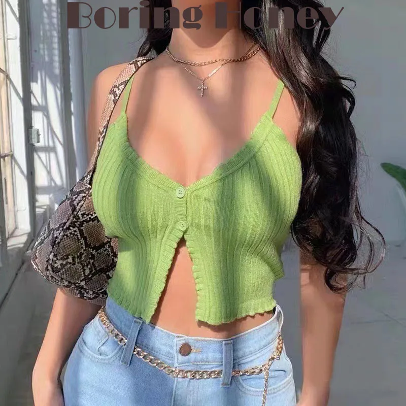 

Boring Honey Y2K Summer Clothes For Women Two Buttons V-Neck Crop Tops Sexy Pure Colour Fashion Slim Base Tank Top Women Blouses