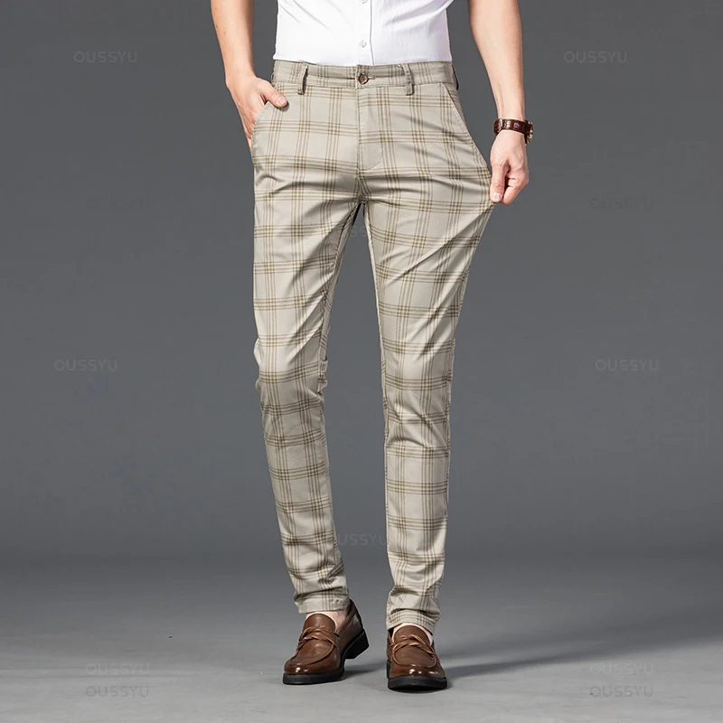 Brand Men's Stripe Plaid Casual Pants Men Four Seasons Business Trousers Men's Slim Dark gray Straight Pant men trousers