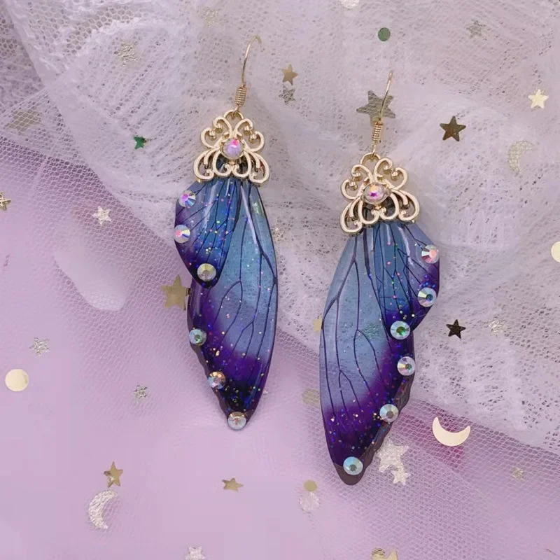 Fairy Rainbow Gradient Resin Butterfly Wing Rhinestone Glitter Earrings