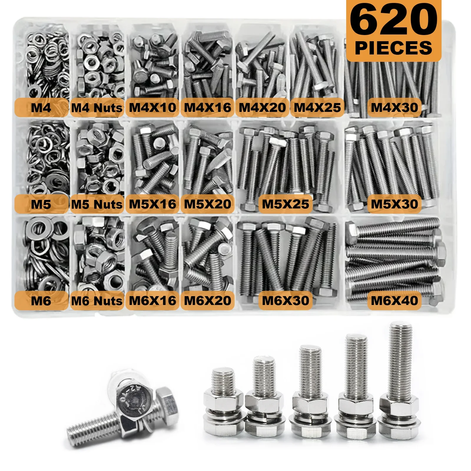 Screw Bolt Nut Set 48-620 Pcs Heavy Duty Screws and Nuts Kit 304 Stainless Steel Bolts Including 8 Most Common Size Screw Sets M6 M8 M10