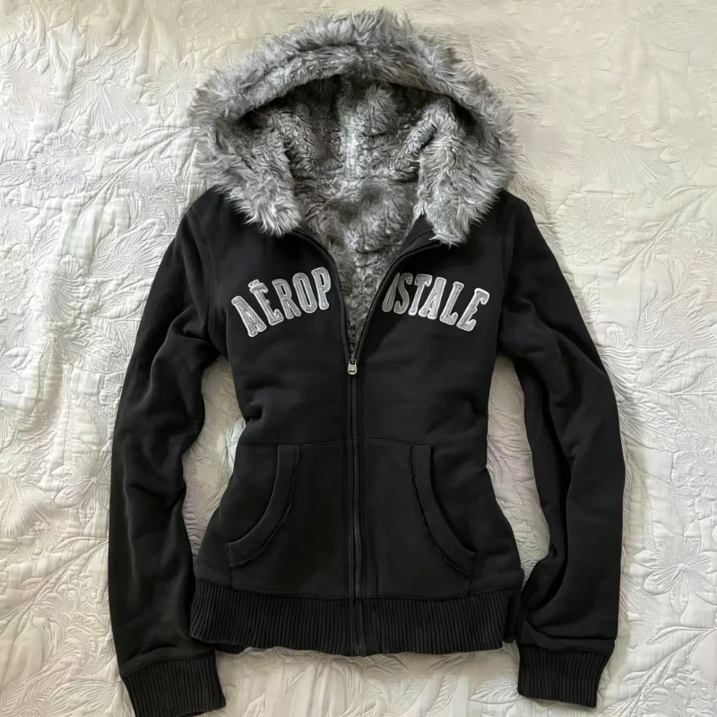 2026 American Vintage Girls Hooded Sweatshirt Jacket Harajuku Faux Fur Collar Slim Waist Belted Y2K Chic Outerwear Coats