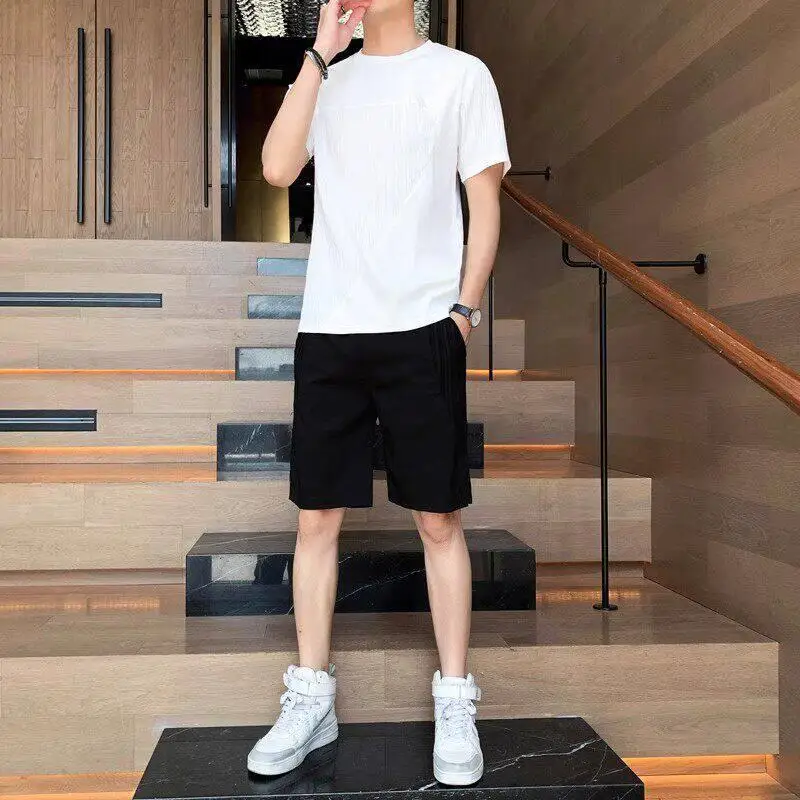 아이스 실크 퀵 드라이 스포츠 세트 남성 여름 반팔 티셔츠 반바지 슬림핏 투피스 세트 한국 패션 트렌디