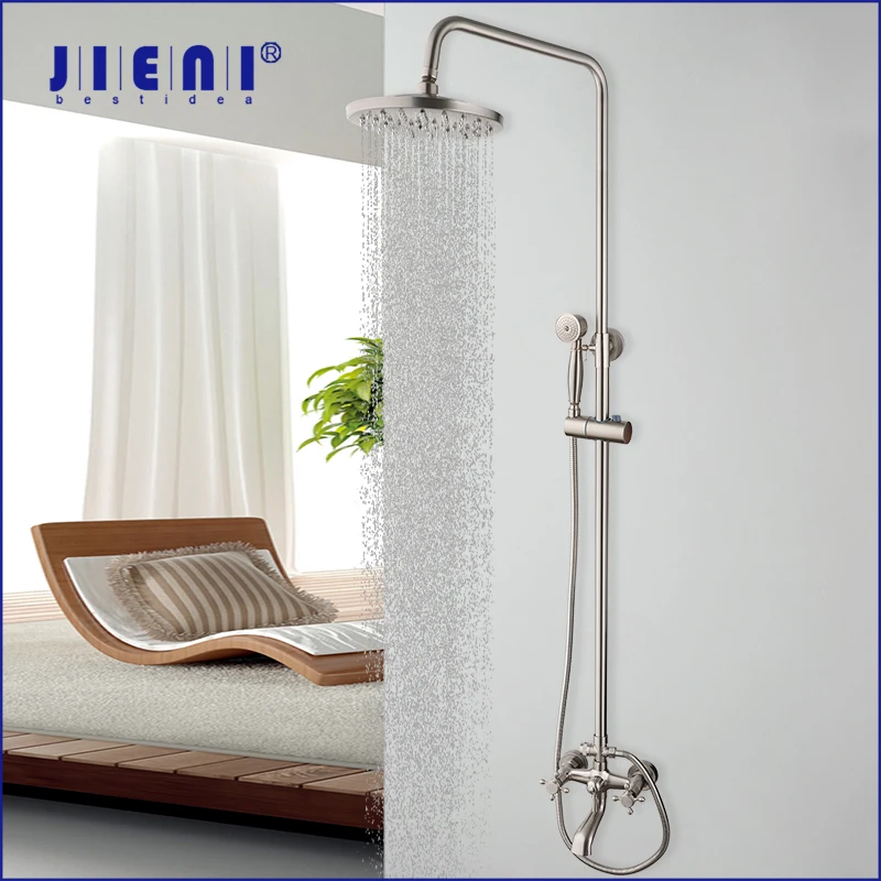 

JIENI душевой набор для ванной комнаты, никель, матовый, настенный, двойные ручки, ручной душ, нижняя водопроводная розетка, смеситель горячей и холодной воды