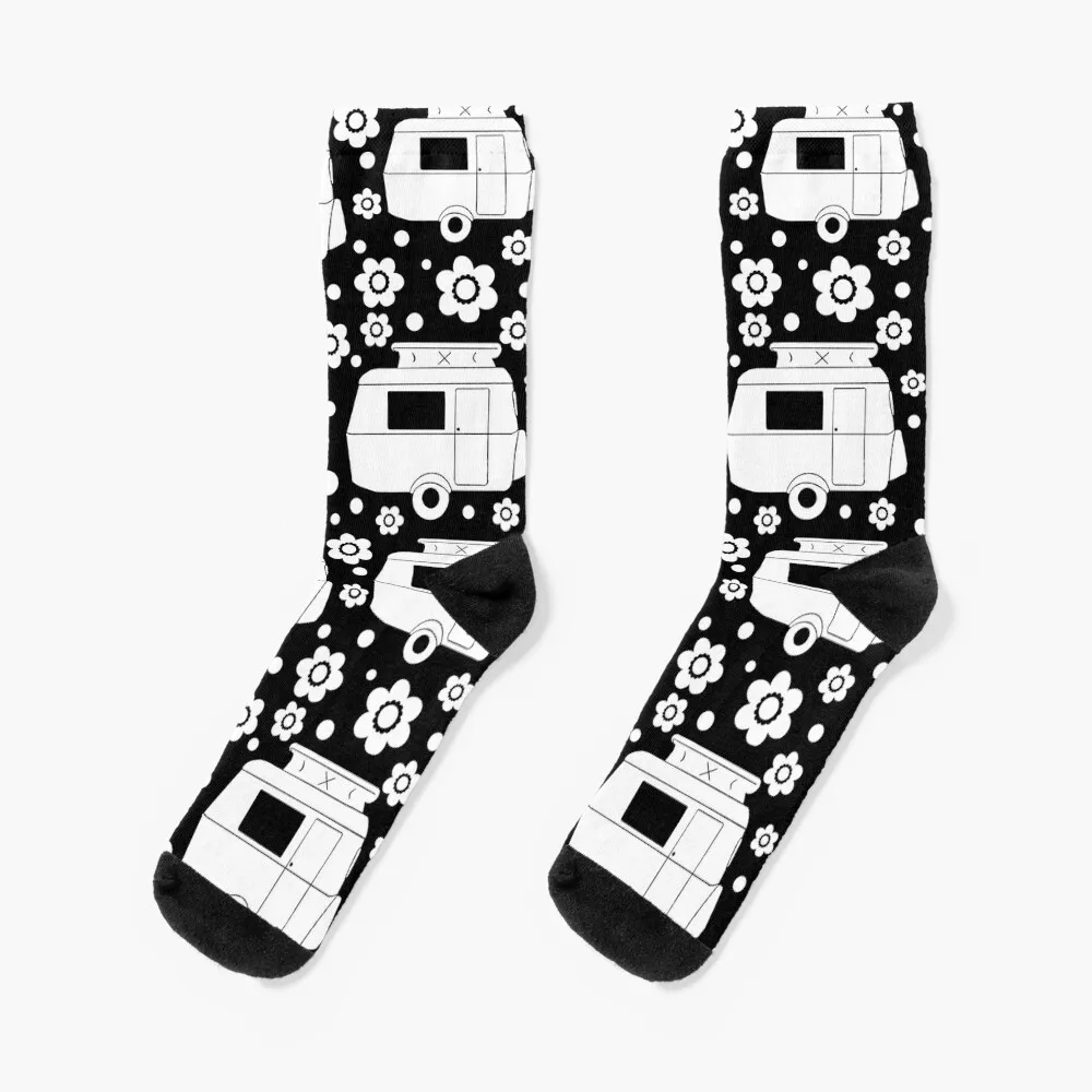 

Daisy Polka Dot Vintage Caravan Pattern in Black and White Socks colored Stockings Woman Socks Men's