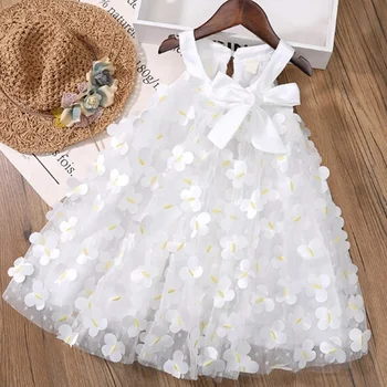 Abiti Estivi per Bambine, Vestito Principessa con Fiori, Abito con Applicazioni a Farfalla, Costume Bianco con Fiocco in Tulle per Bambine