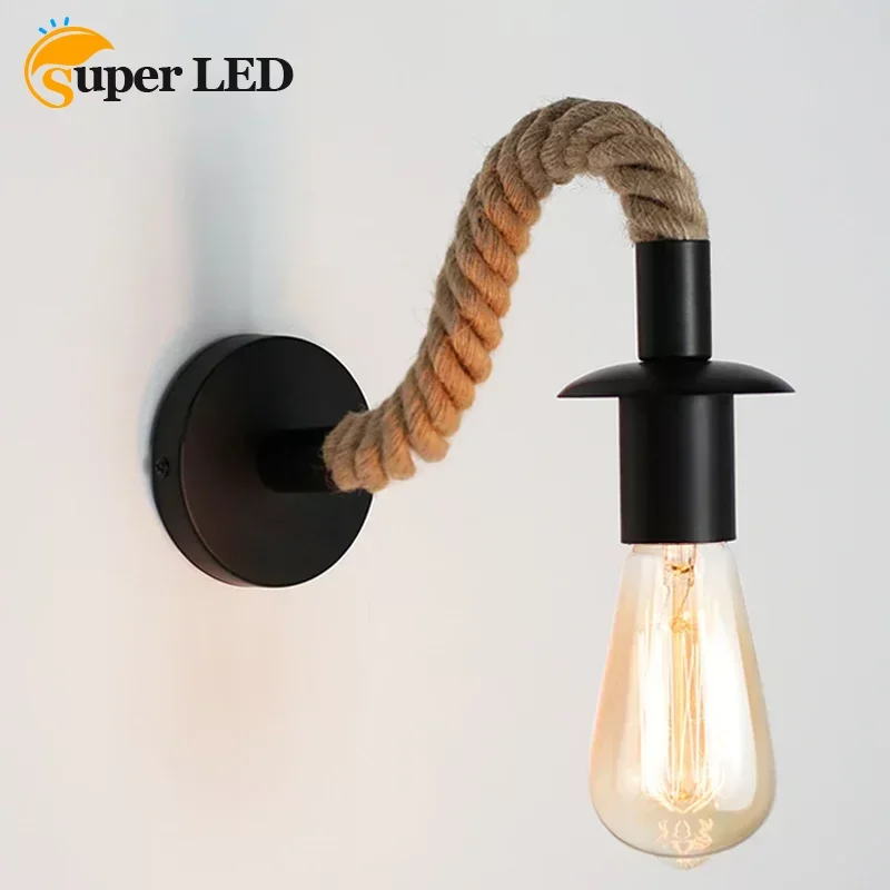 

Hot Sale E27 Edison Bulb Iron Wall Lamp Indoor Loft Wall Lights Vintage Led Hemp Rope Industrial Decor Wall Light